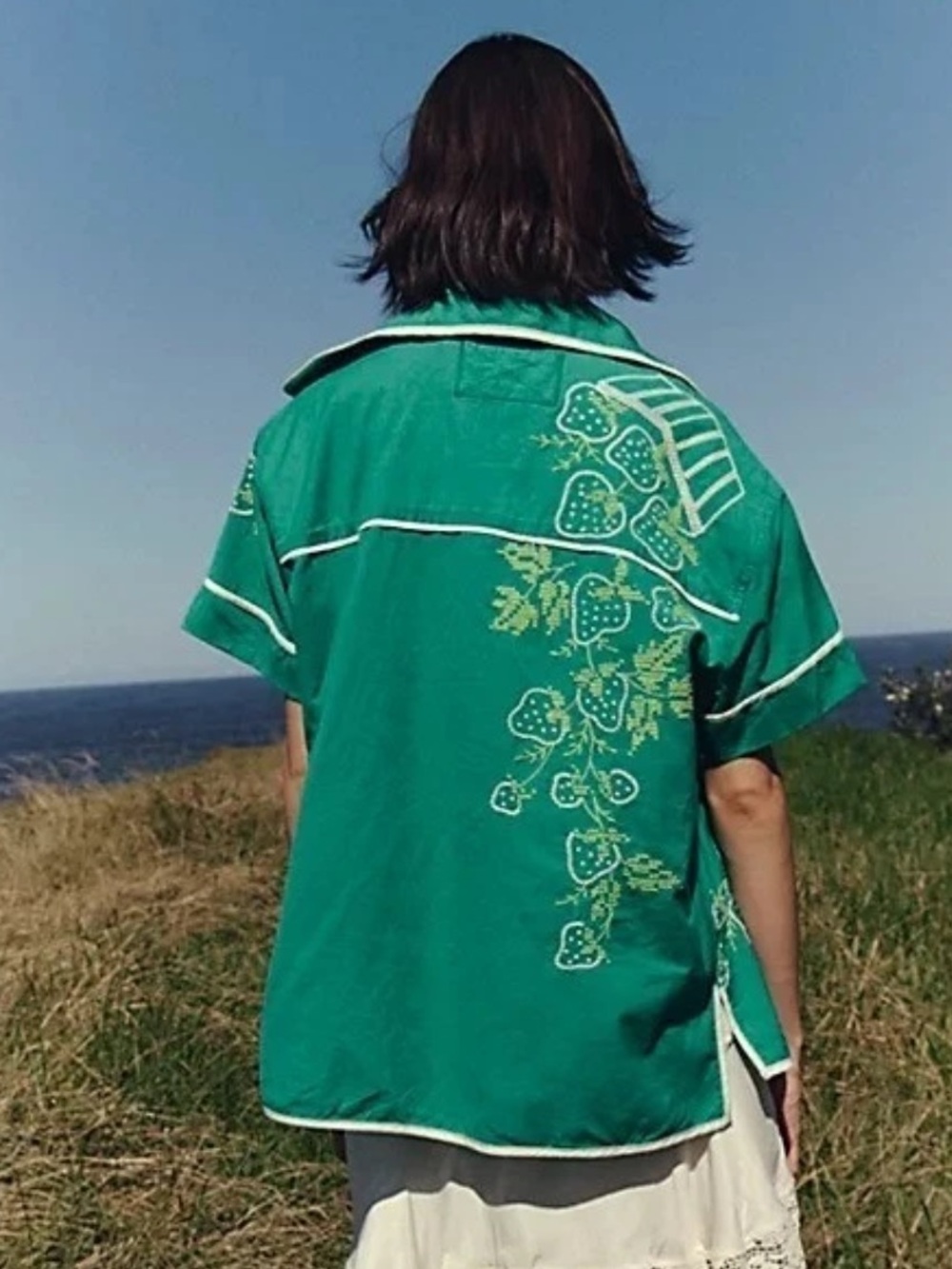 FreePeople WeThe Free Strawberry Shirt Green Combo Embroidered Linen Button Down - Picture 2 of 6